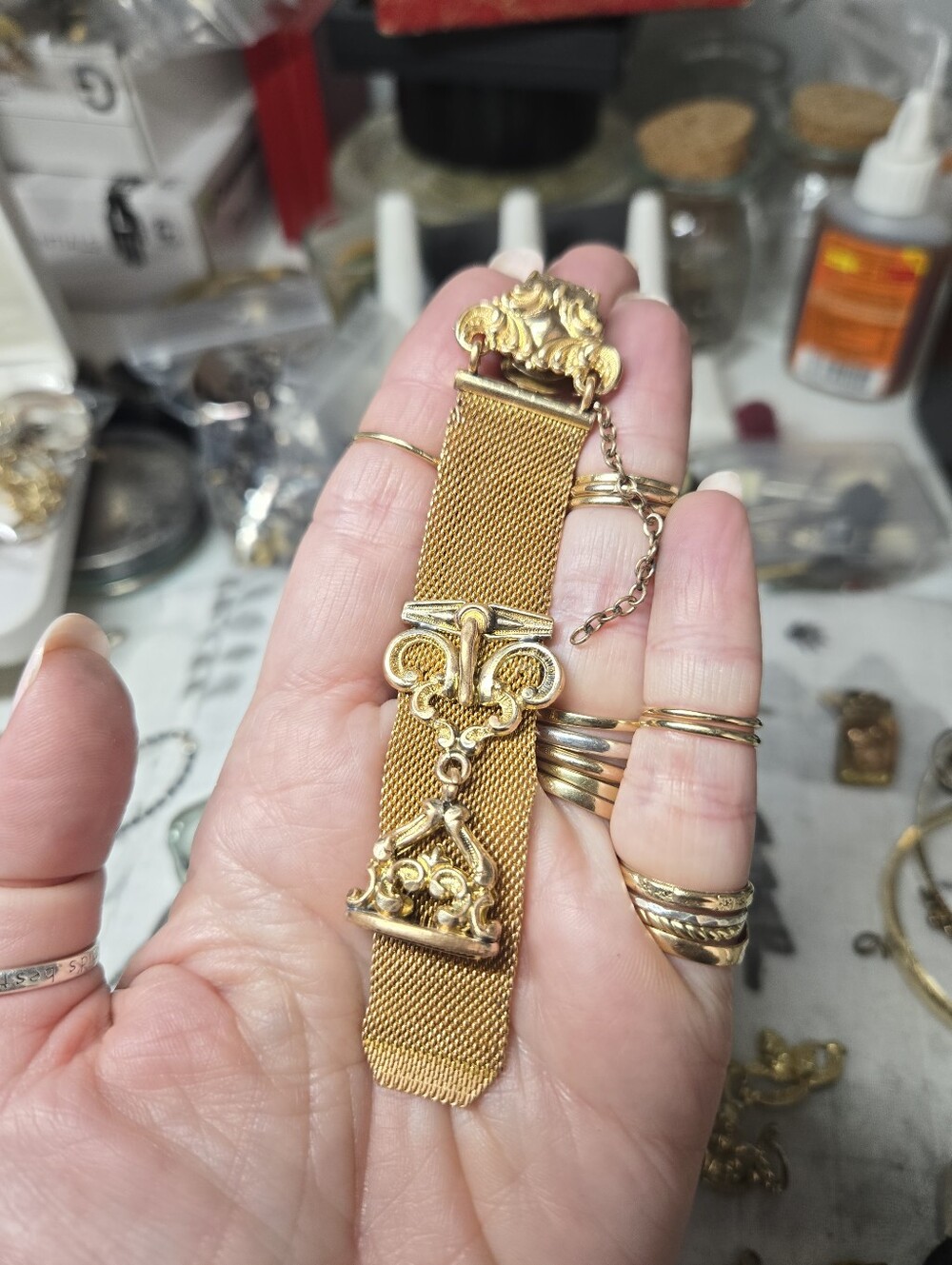 Victorian Antique Gold Filled Mesh Watch Chain And Fob Ornate Filigree